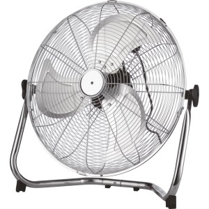 Ventilatore da pavimento in metallo, diametro 45 cm, 110 W, con alloggiamento cromato.