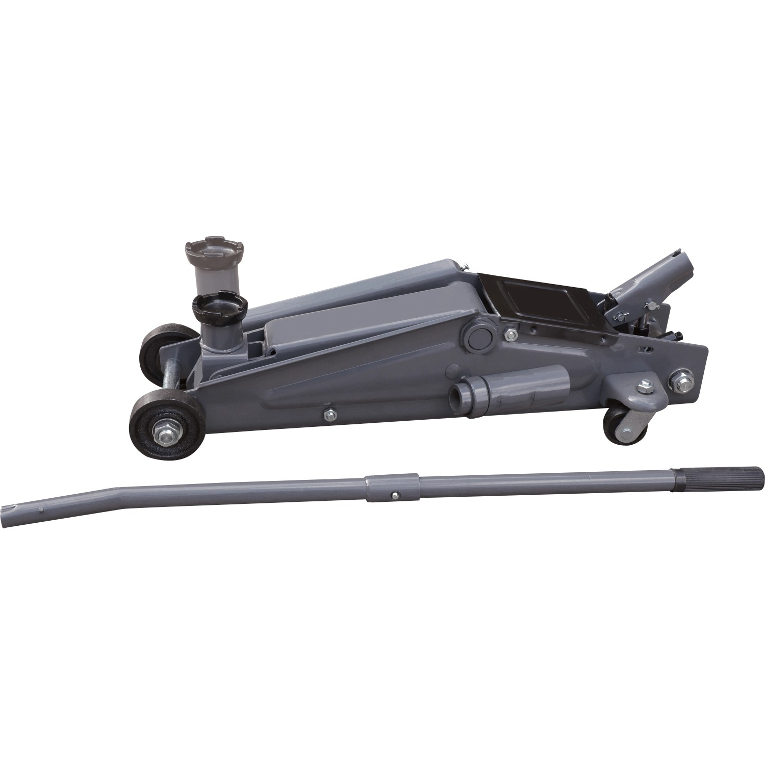 Cric a carrello grigio RWH-2500 B con portata 2,5 t e leva per riparazioni auto.