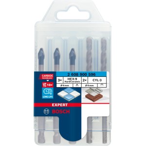 Set di punte per piastrelle Bosch Expert Hard Ceramic, 5 pezzi, con 3 punte HEX-9 e 2 punte CYL-3, Ø 6mm.
