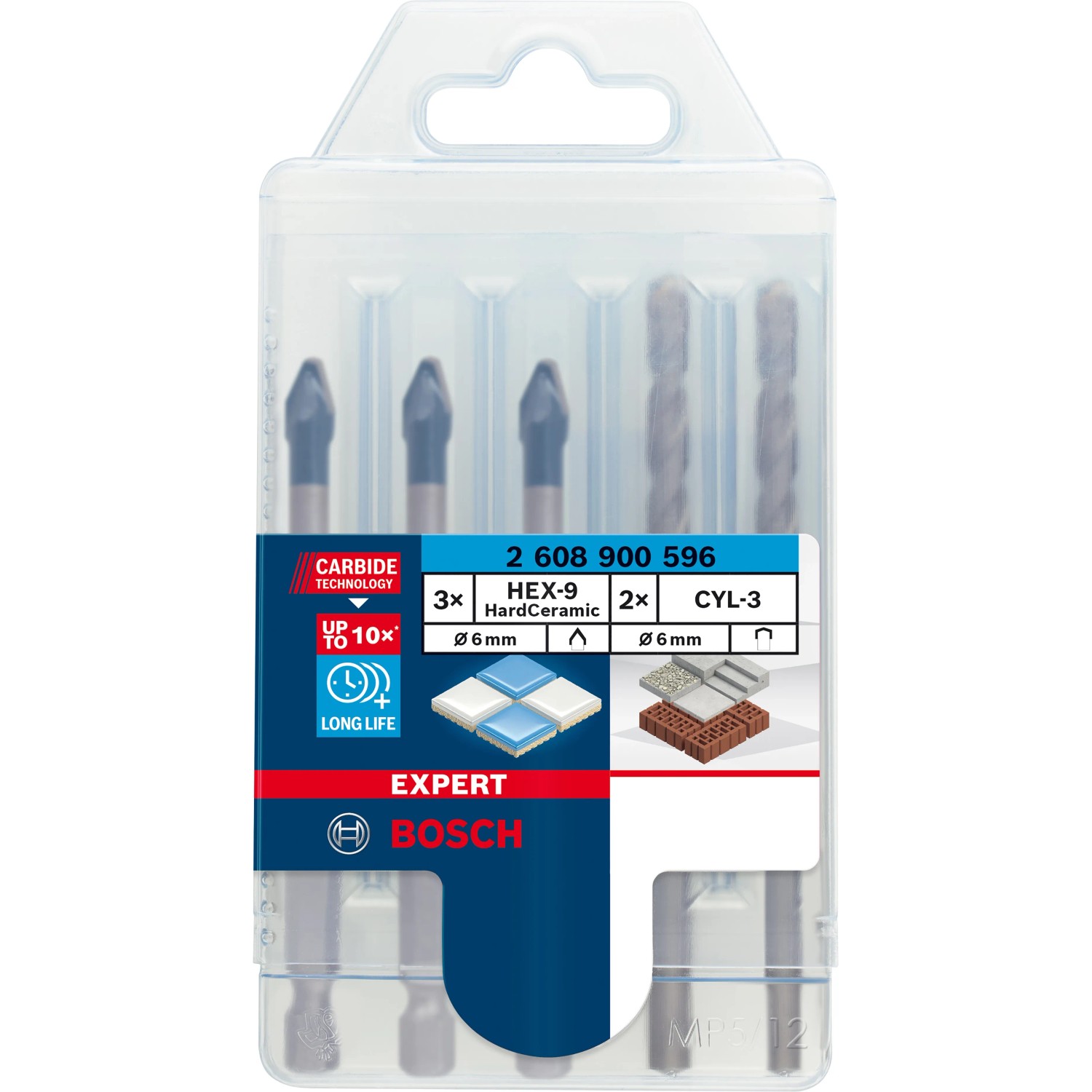 Set di punte per piastrelle Bosch Expert Hard Ceramic, 5 pezzi, con 3 punte HEX-9 e 2 punte CYL-3, Ø 6mm.
