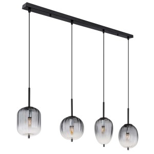 Moderna lampada a sospensione t.b.t. con quattro paralumi in vetro grigio per sala da pranzo e soggiorno.