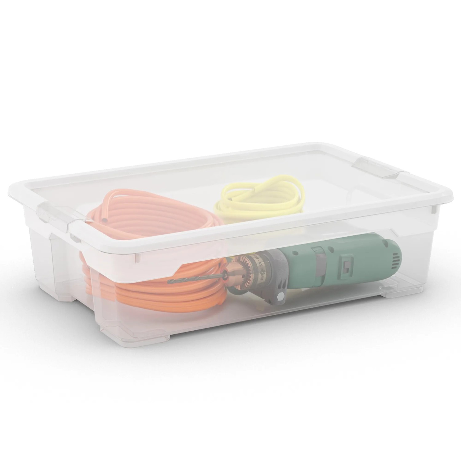 Contenitore/scatola portaoggetti t.b.t. trasparente con utensili e cavi. Ideale per lo stoccaggio.