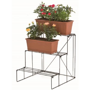 Supporto per fiori a più livelli con due fioriere piantate. Ideale per esterni.