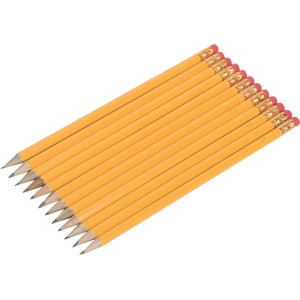 Set di matite gialle, 12 pezzi, con gommino all'estremità, durezza HB.