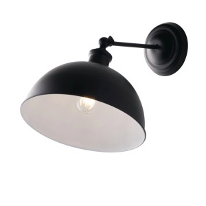Applique nera con braccio regolabile e paralume bianco.