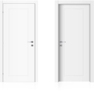 Due porte interne bianche t.b.t. con design semplice e maniglie argentate.