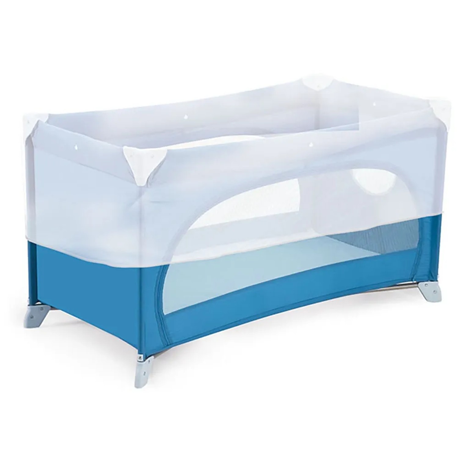 Lettino da viaggio con bordo blu e lati in rete per neonati e bambini piccoli.