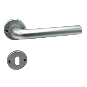 Maniglia per porta t.b.t. in metallo argentato, rosetta chiave inclusa.