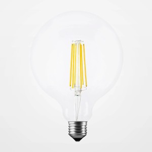 Lampadina LED E27 t.b.t. trasparente con filamento per luce d'atmosfera.