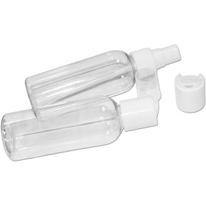 Flaconi t.b.t. vuoti e trasparenti con spruzzino bianco e coperchio per accessori bagno.