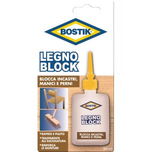 Adesivo per legno Bostik Legno Block, ideale per incollare giunzioni, manici e perni in legno.