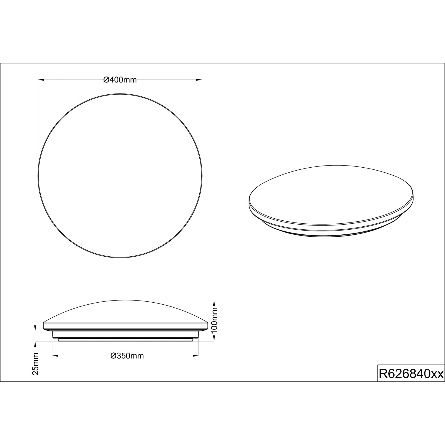 Disegno tecnico della plafoniera LED bianca Putz con effetto cielo stellato, dimensioni.