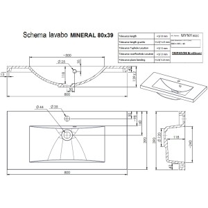 Disegno tecnico del lavabo singolo t.b.t. con dimensioni.