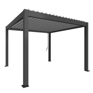 Pergola Biohort in grigio scuro/argento metallizzato, una moderna copertura per patio da giardino.