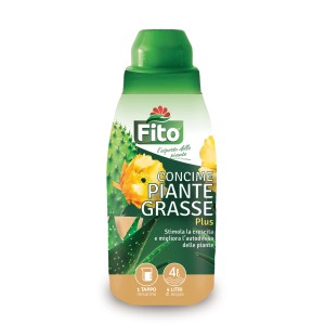 Concime per piante grasse Fito, flacone da 4L con aloe vera e fiore di cactus.