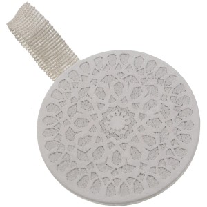 t.b.t. fermatenda in tessuto, rotondo con motivo e passante.