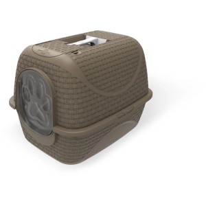 Toilette per gatti marrone effetto rattan con porta trasparente a forma di zampa.