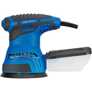 Levigatrice orbitale blu LUX E-EXS-350 con scatola antipolvere per una levigatura efficiente.