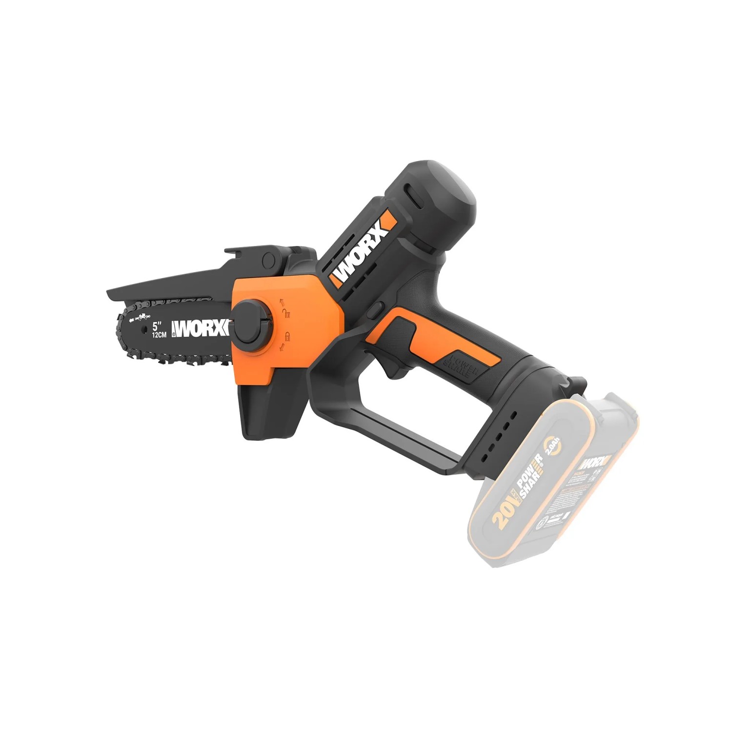 Motosega a una mano Worx WG326E.9, potatore per la cura degli alberi, senza batteria.