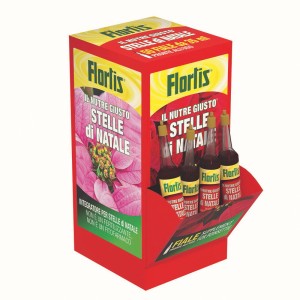 Florlis Concime per piante, espositore con flaconi per stelle di Natale.
