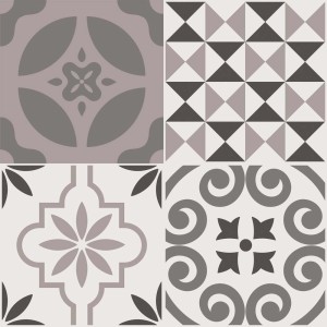 Adesivi da parete con vari motivi geometrici e floreali nei toni del grigio e del beige.