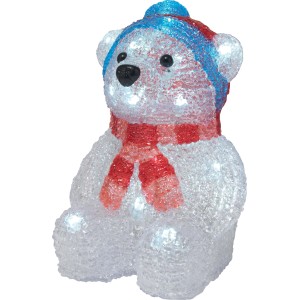 Orso LED seduto (19,5 cm) con cappello e sciarpa, decorazione natalizia per interni ed esterni.