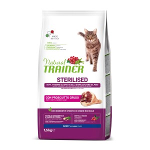 Natural Trainer Sterilised cibo secco per gatti con prosciutto, sacco da 1,5kg.