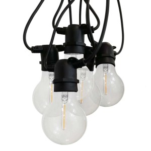 Catena luminosa con lampadine chiare e cavo nero per decorazioni esterne.