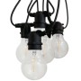 Catena luminosa con lampadine chiare e cavo nero per decorazioni esterne.