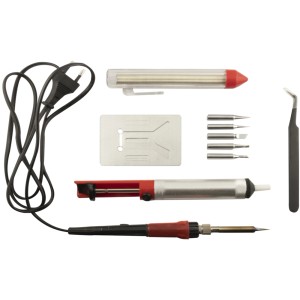Kit per saldatura con saldatore, pompa dissaldante, stagno, pinzette e varie punte per lavori di saldatura.