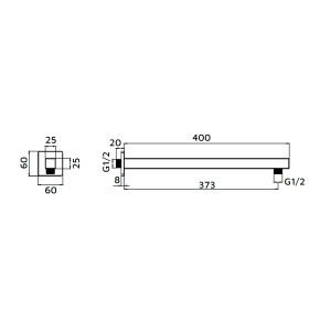 Disegno tecnico del braccio doccia t.b.t., con dimensioni e connessioni.