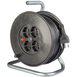 Avvolgicavo nero t.b.t. con quattro prese e telaio in metallo.