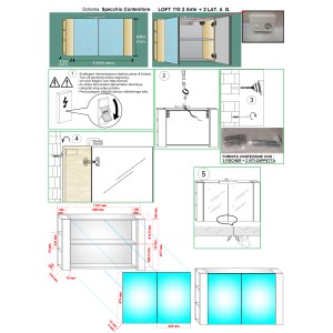 Disegno tecnico specchiera t.b.t. con misure e istruzioni di montaggio.
