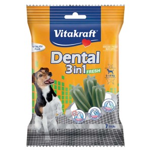 Vitakraft Dental 3in1 Fresh snack per cani, snack per l'igiene dentale in sacchetto giallo.