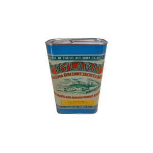 Barattolo di vernice per barche t.b.t. con coperchio blu e design retrò.