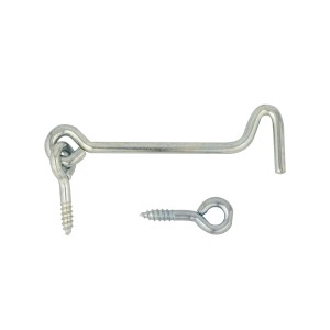 Gancio per finestra argentato con occhiello e vite per un fissaggio sicuro.