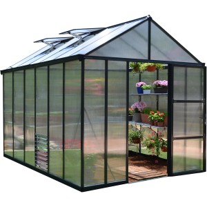 Serra Palram Canopia Glory, 3.6x2.5m, antracite, pannelli alveolari da 10mm. Casetta da giardino con finestre sul tetto e laterali.