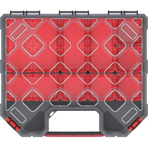 Organizzatore per utensili Kistenberg Tager Carbo, sistema di stoccaggio con coperchio trasparente e scomparti rossi.