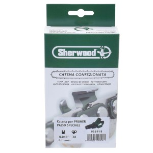 Catena per motosega Sherwood, confezionata in scatola verde con informazioni sul prodotto.