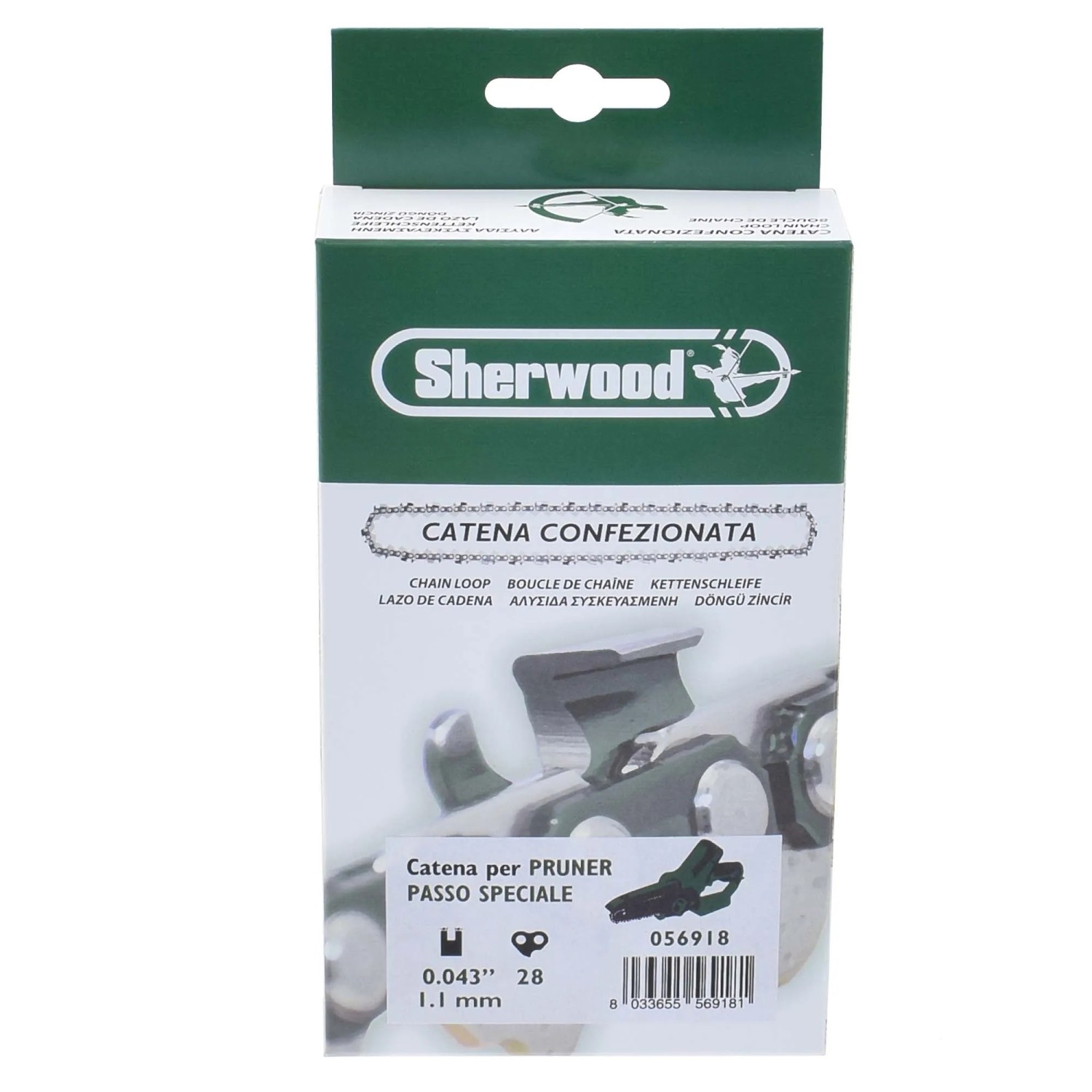 Catena per motosega Sherwood, confezionata in scatola verde con informazioni sul prodotto.