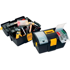 Due valigette porta attrezzi nere, una aperta con attrezzi, l'altra con piccole parti.