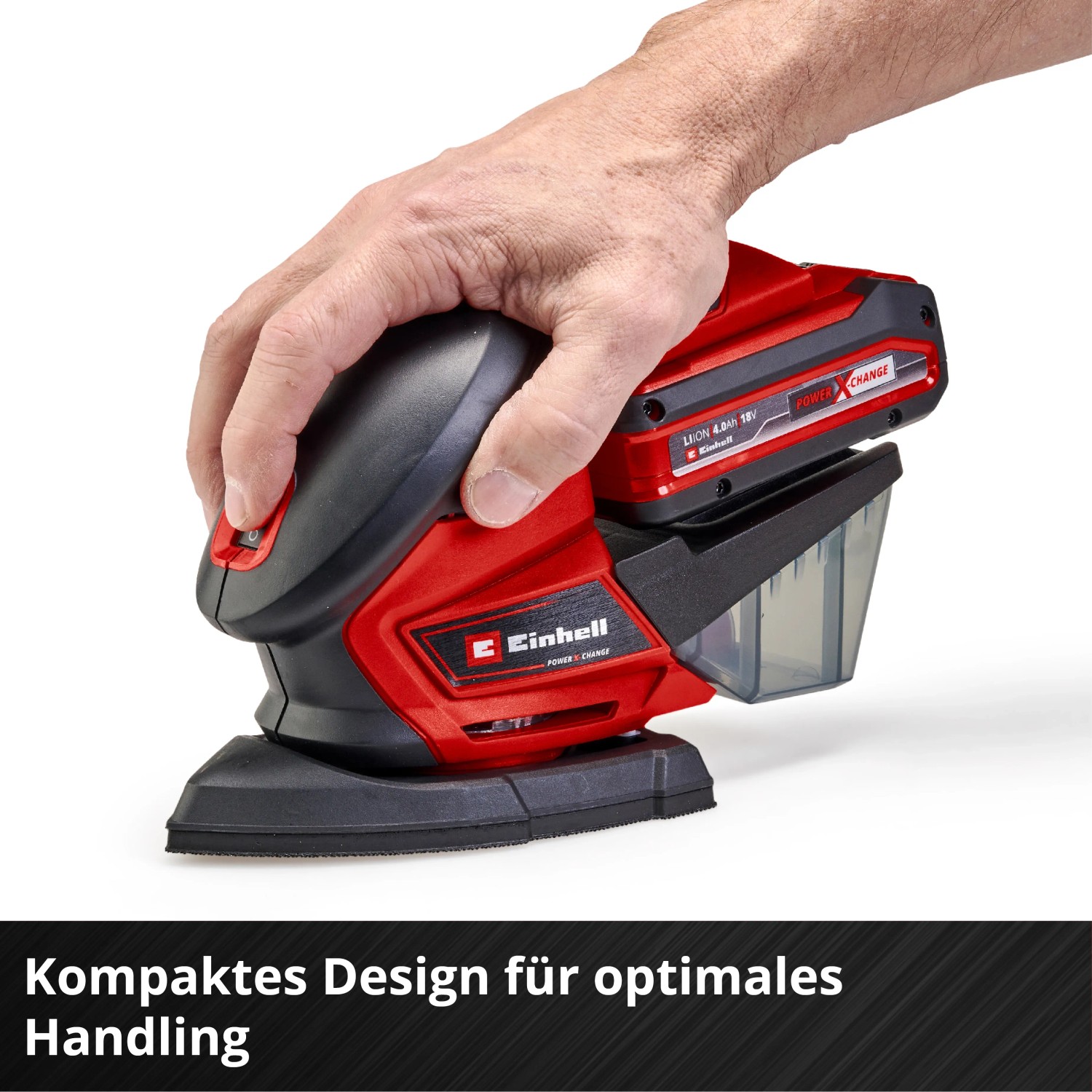 Levigatrice multifunzione a batteria Einhell TE-OS 18/150 Solo rossa con mano sull'impugnatura e contenitore polvere.