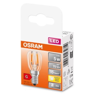 Lampadina LED E14 Osram, 5W, luce bianca calda, nella confezione. Lampadina LED compatta per illuminazione d'atmosfera.