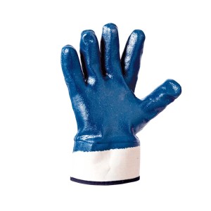 Guanto da lavoro blu t.b.t. con polsino bianco, palmo rivolto verso l'alto.