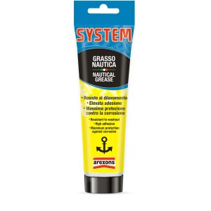 Tubo di grasso nautico Arexons, giallo con scritte nere e simbolo dell'ancora.