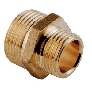 Raccordo in acciaio t.b.t. color ottone con filettatura per tubi.