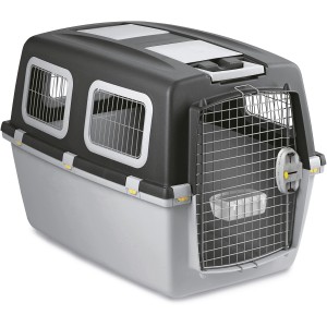 Trasportino per cani grigio e nero con porta a griglia per il trasporto sicuro del tuo cane.