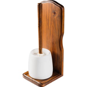 Scopini WC: scopino WC con supporto in legno scuro e contenitore bianco.