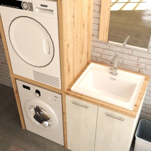 Lavabo con mobile base e lavatrici effetto legno.