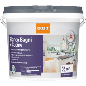 Secchio di pittura per interni bianca "Bianco Bagni e Cucine" di OBI, ideale per bagni e cucine.